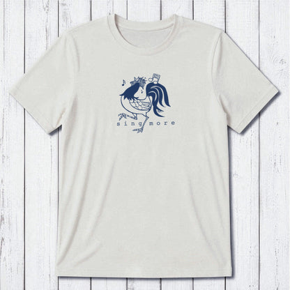 White bamboo and organic cotton men's t-shirt with black rooster and 'Sing More' text, ideal gift for early risers.