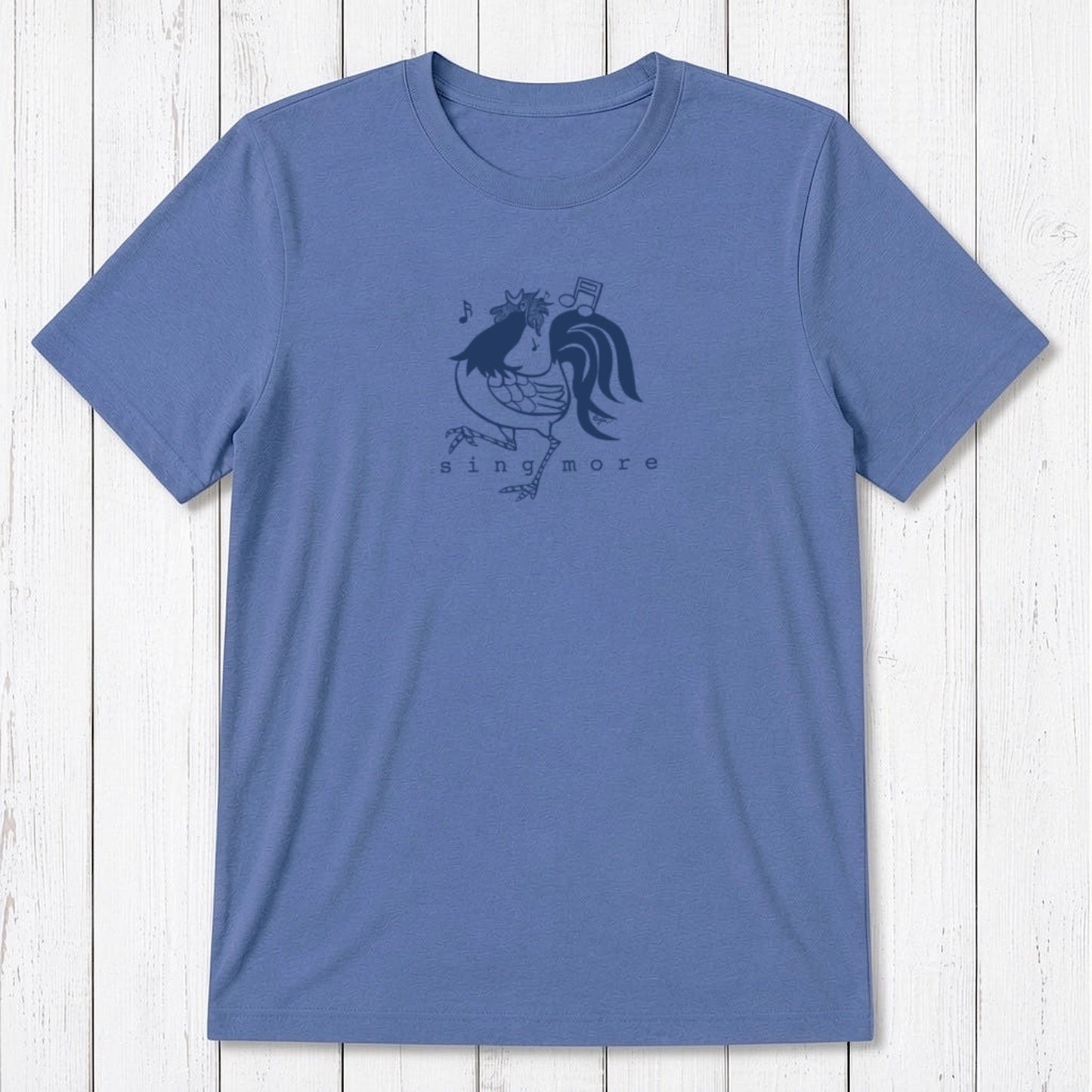 Blue 'Sing More' rooster graphic tee for men in bamboo and organic cotton, classic fit with humorous farm animal print.