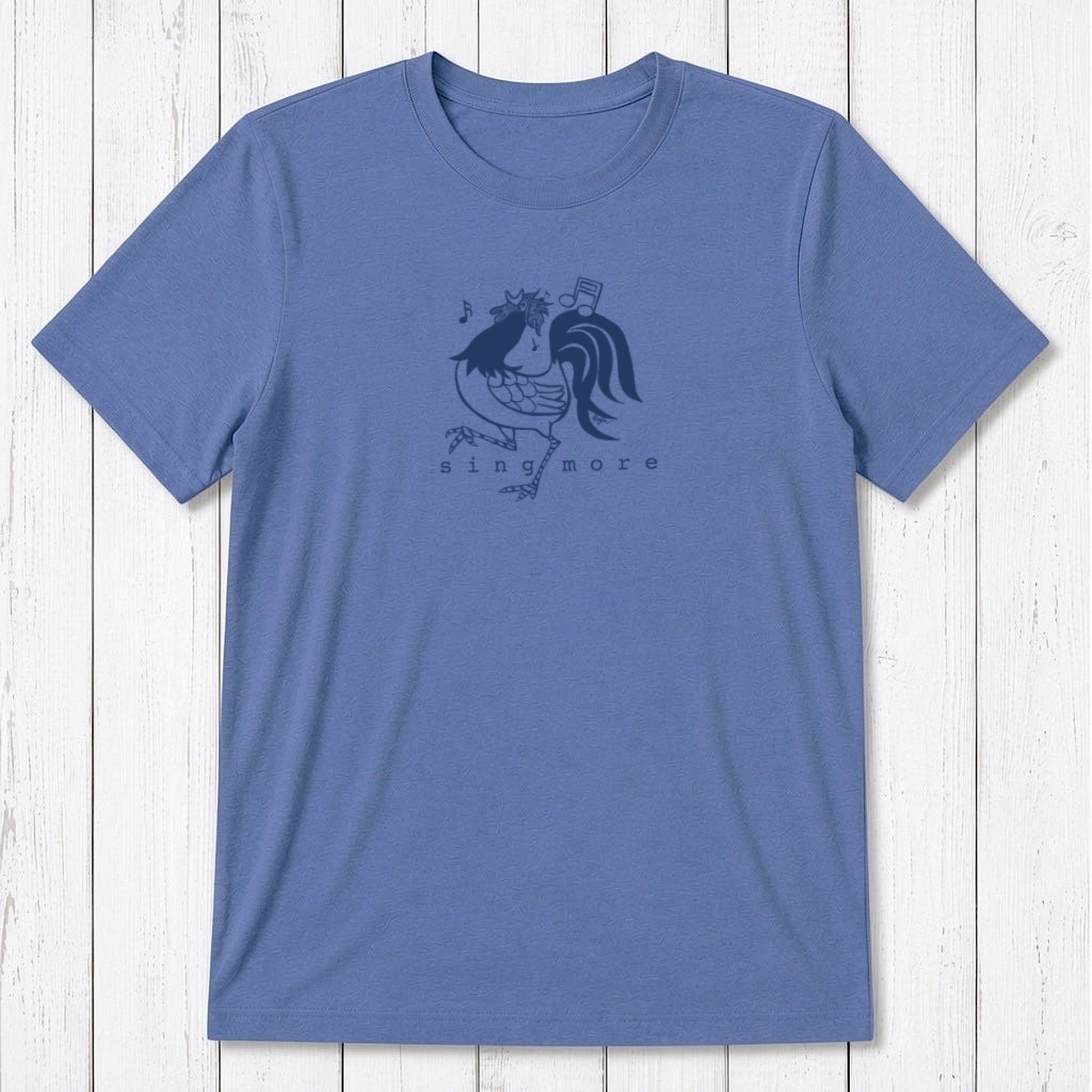 Blue 'Sing More' rooster graphic tee for men in bamboo and organic cotton, classic fit with humorous farm animal print.