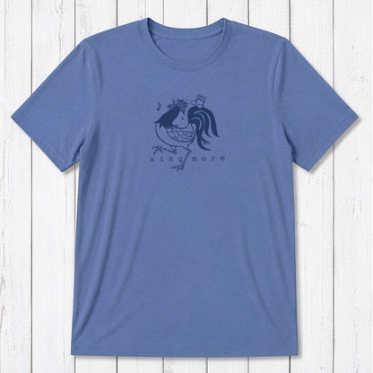 Blue 'Sing More' rooster graphic tee for men in bamboo and organic cotton, classic fit with humorous farm animal print.
