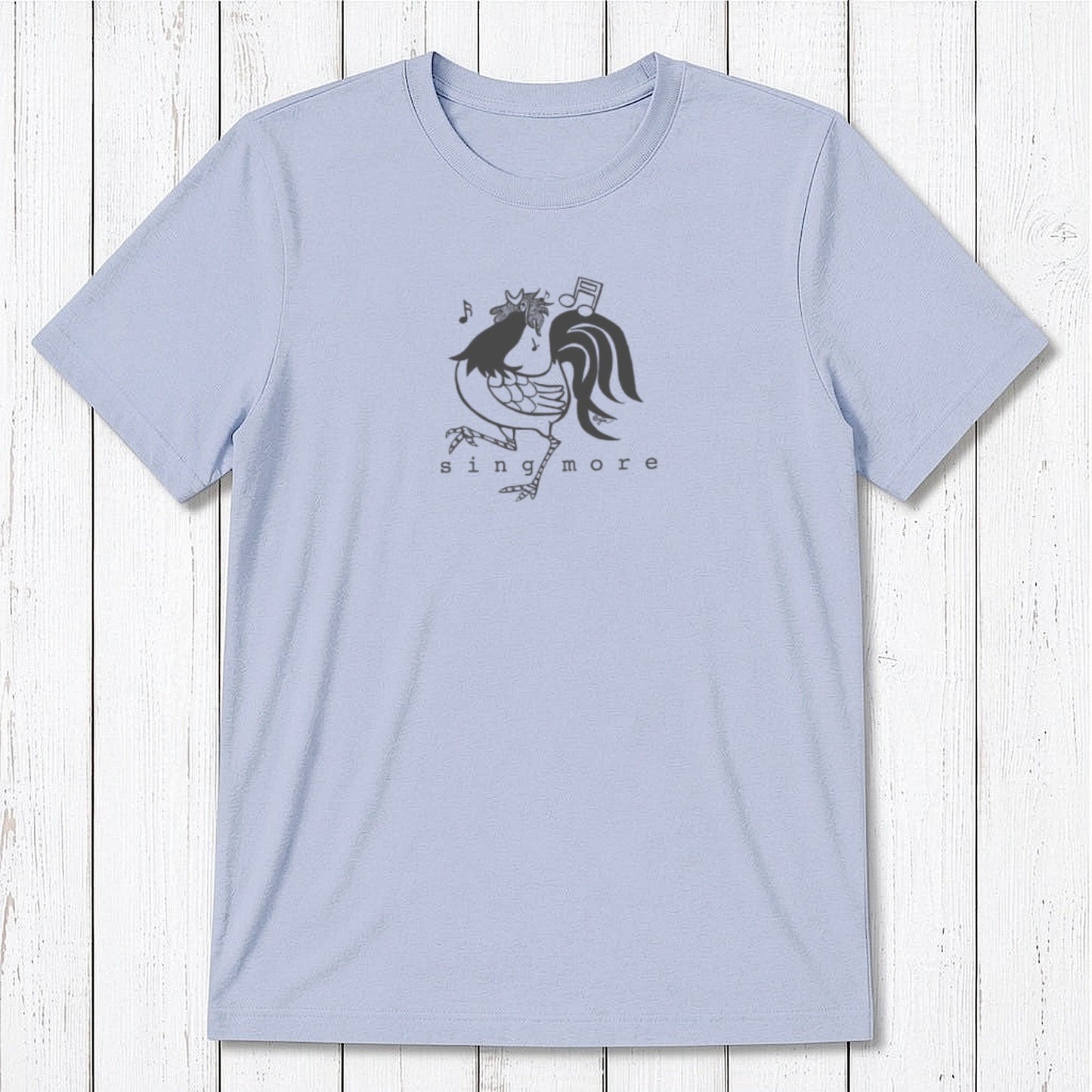 Light blue men's rooster t-shirt with 'Sing More' text, made from eco-friendly bamboo and organic cotton blend.