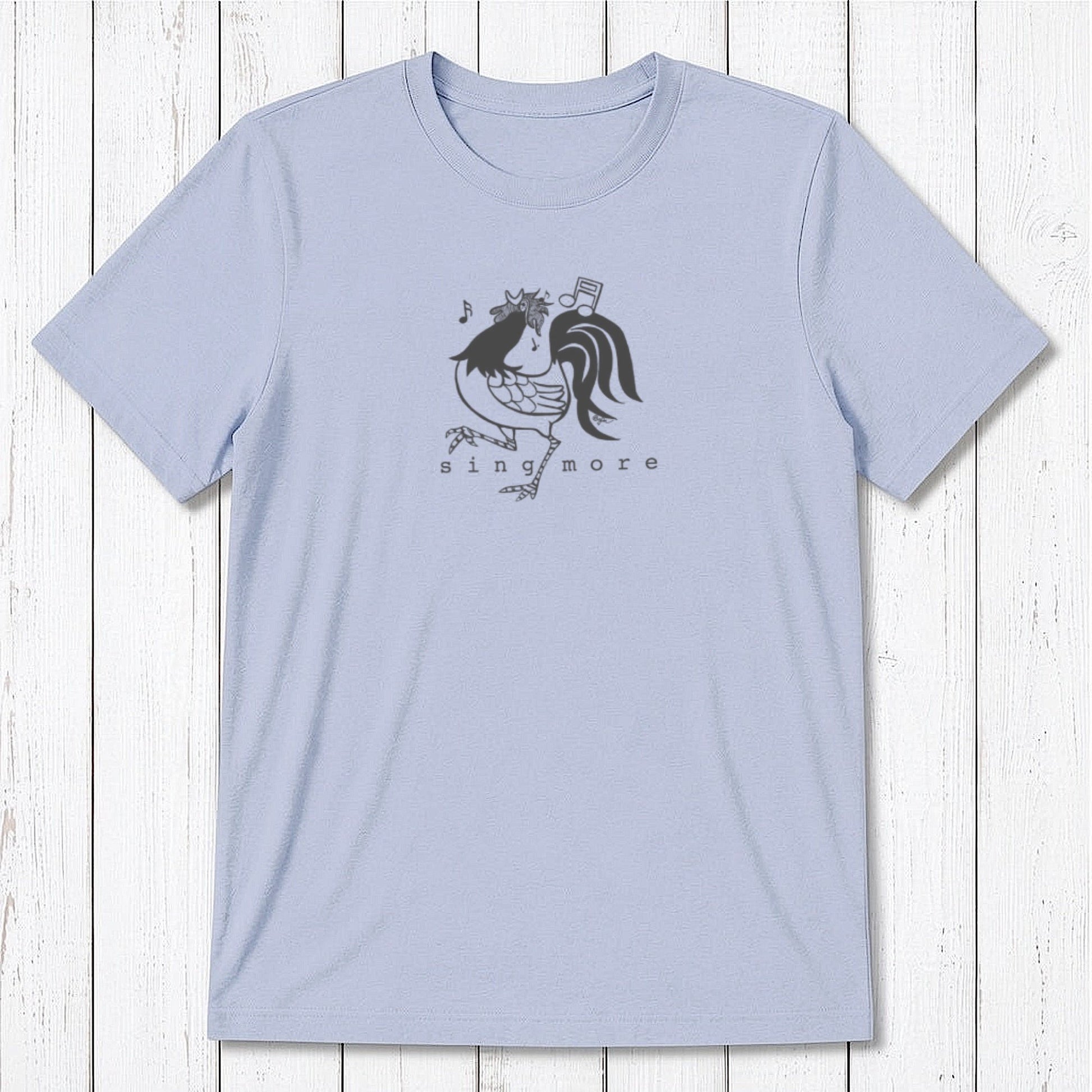 Light blue men's rooster t-shirt with 'Sing More' text, made from eco-friendly bamboo and organic cotton blend.