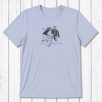 Light blue men's rooster t-shirt with 'Sing More' text, made from eco-friendly bamboo and organic cotton blend.