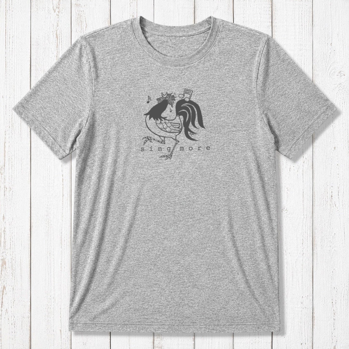 Heather gray men's 'Sing More' rooster t-shirt in bamboo and organic cotton, featuring a funny musical farm animal graphic.