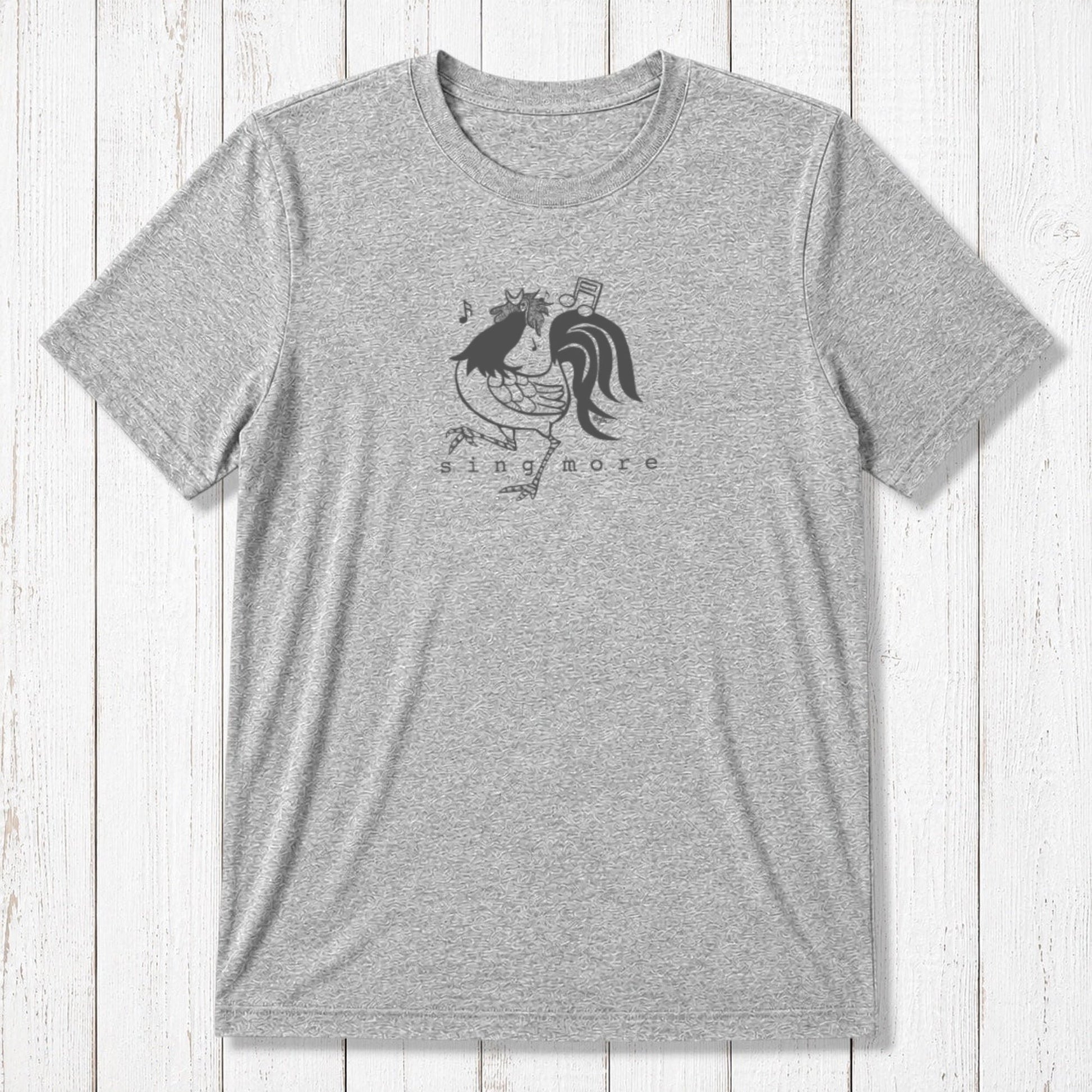 Heather gray men's 'Sing More' rooster t-shirt in bamboo and organic cotton, featuring a funny musical farm animal graphic.