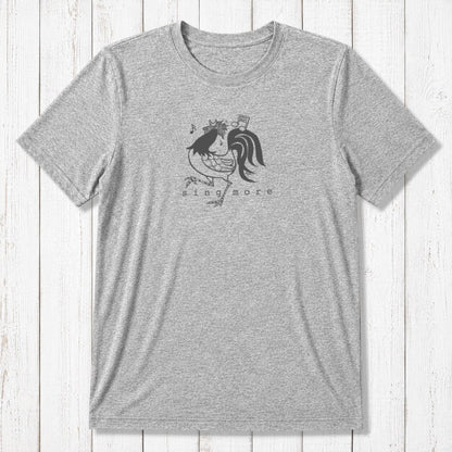 Heather gray men's 'Sing More' rooster t-shirt in bamboo and organic cotton, featuring a funny musical farm animal graphic.