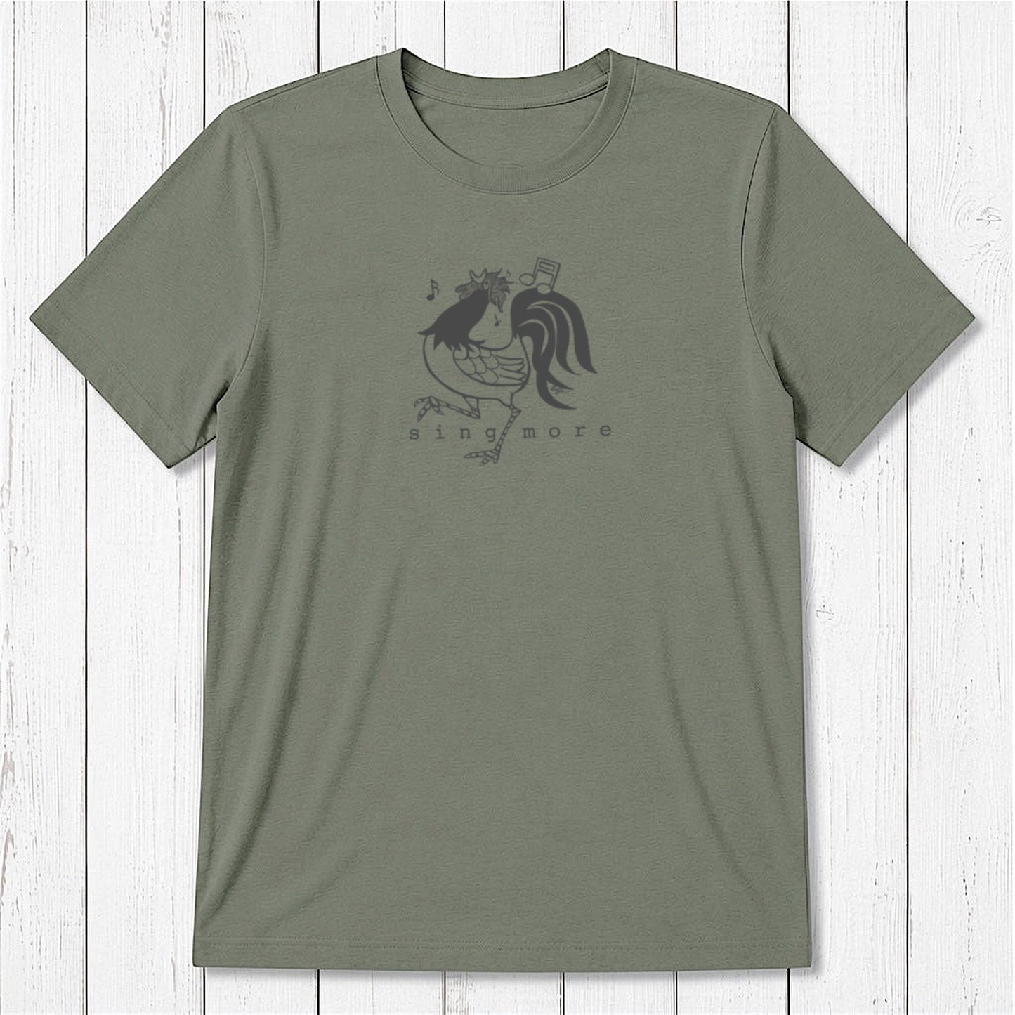 Olive green men's bamboo and organic cotton t-shirt with dark rooster and 'Sing More' text, classic fit humorous design.