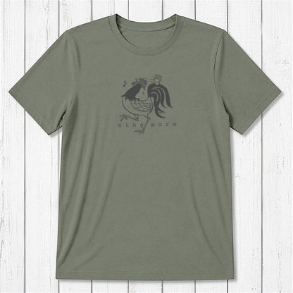 Olive green men's bamboo and organic cotton t-shirt with dark rooster and 'Sing More' text, classic fit humorous design.