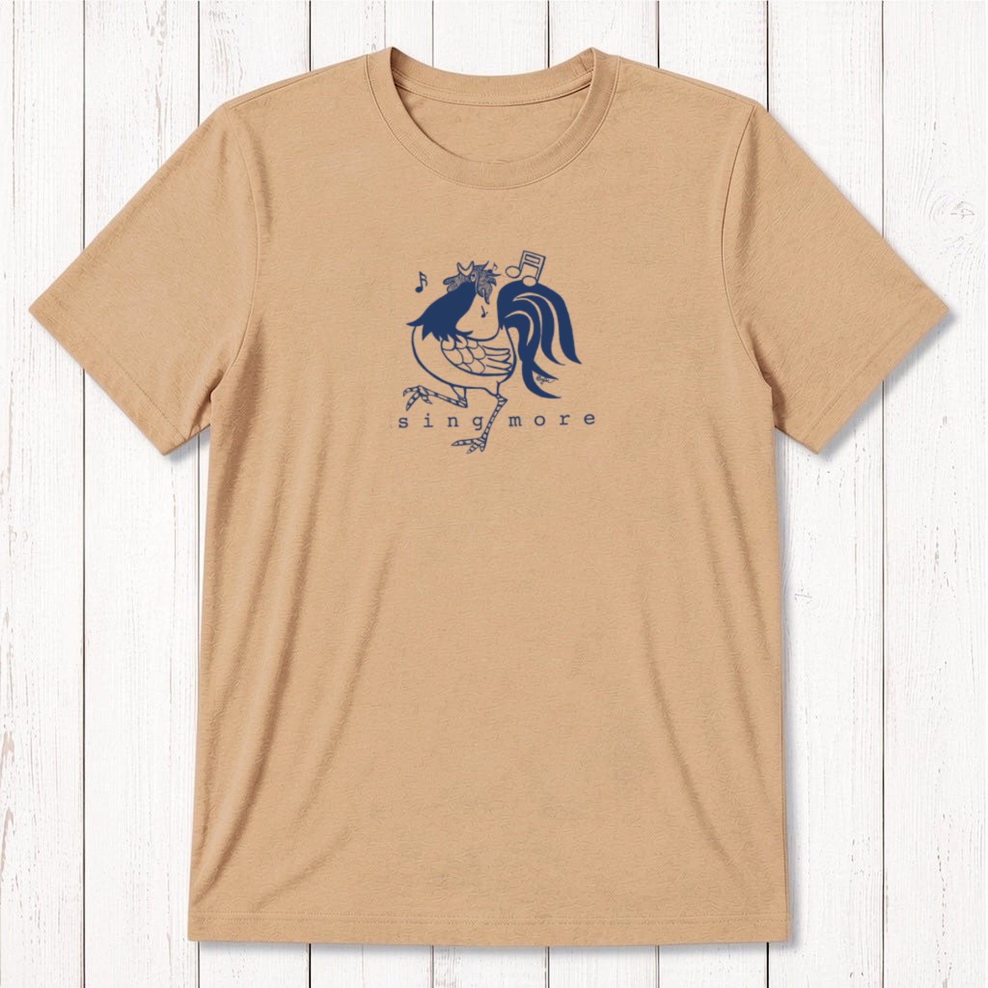 Tan men's rooster t-shirt with white 'Sing More' graphic, made from sustainable bamboo and organic cotton blend.