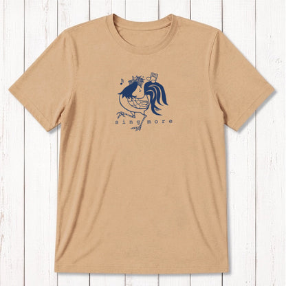 Tan men's rooster t-shirt with white 'Sing More' graphic, made from sustainable bamboo and organic cotton blend.
