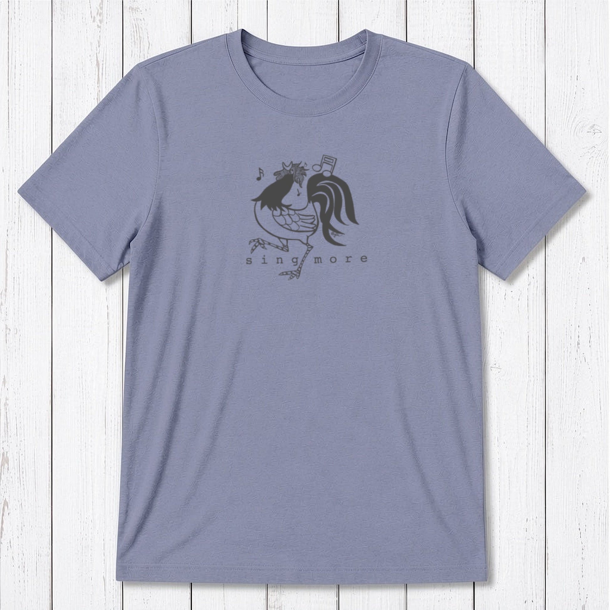 Lavender men's 'Sing More' rooster t-shirt in bamboo and organic cotton, featuring a fun farm animal graphic for early risers.