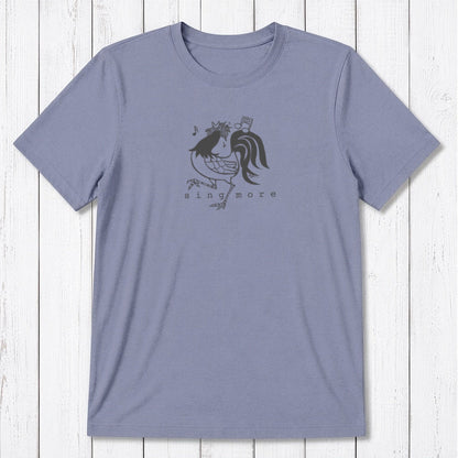 Lavender men's 'Sing More' rooster t-shirt in bamboo and organic cotton, featuring a fun farm animal graphic for early risers.
