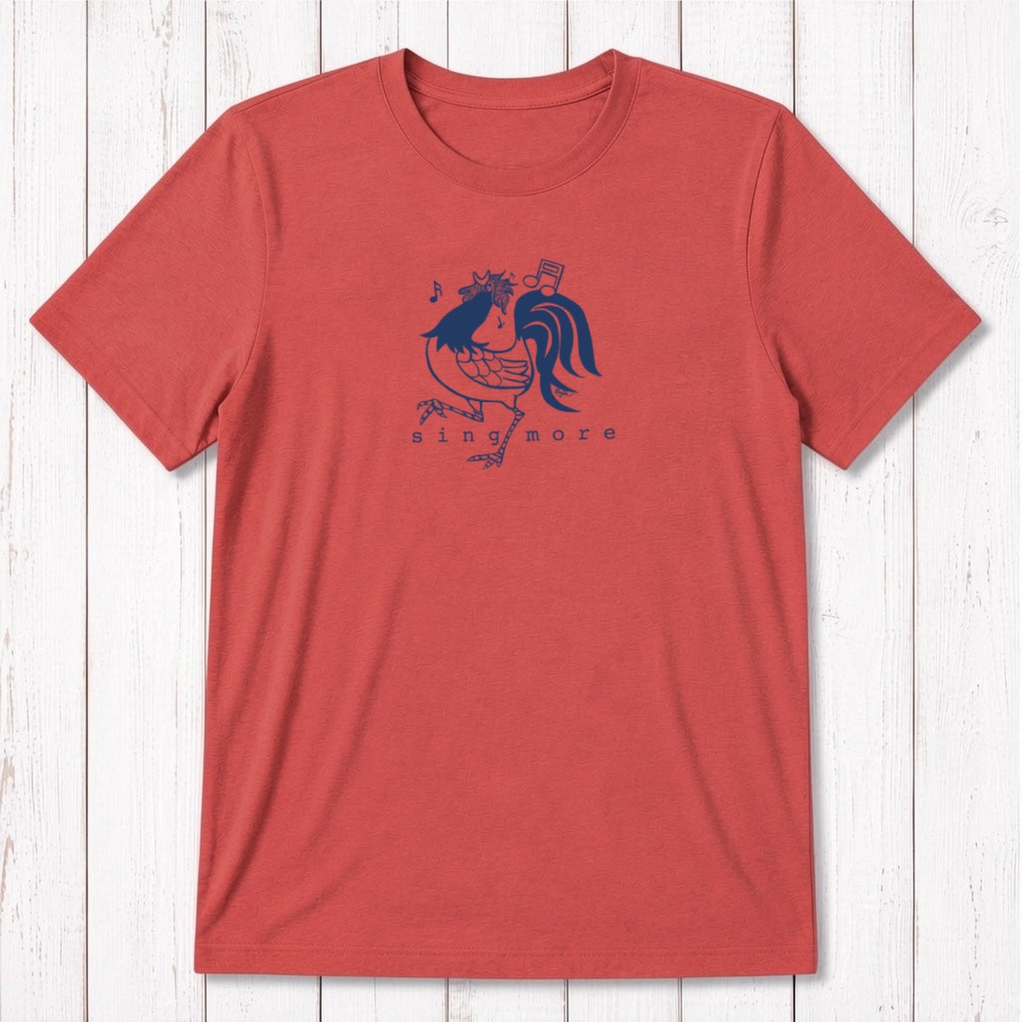 Red men's graphic tee with black rooster and 'Sing More' text, made from bamboo and organic cotton, perfect for morning people.