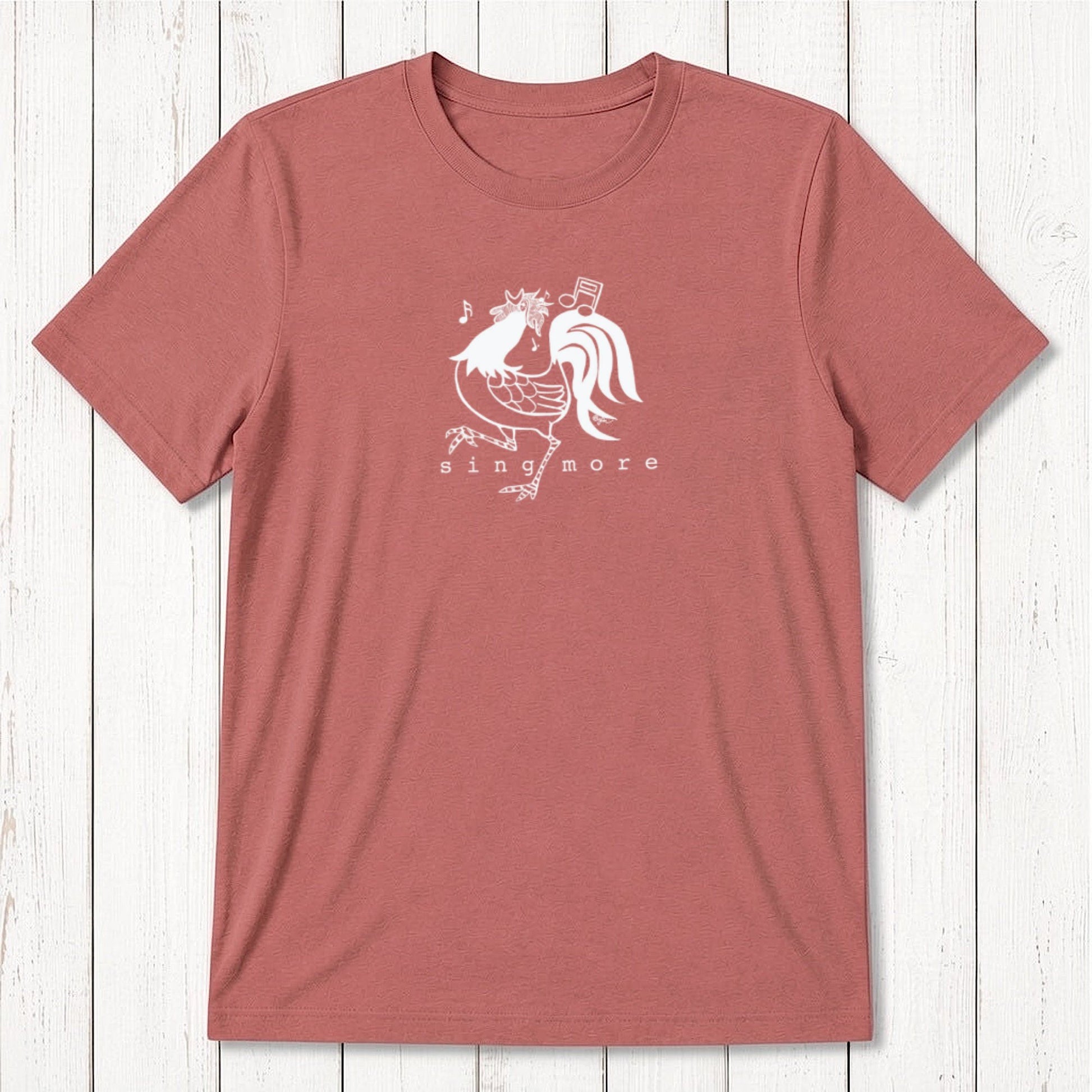 Rust red men's 'Sing More' rooster t-shirt in bamboo and organic cotton, featuring a light-colored humorous farm animal print.