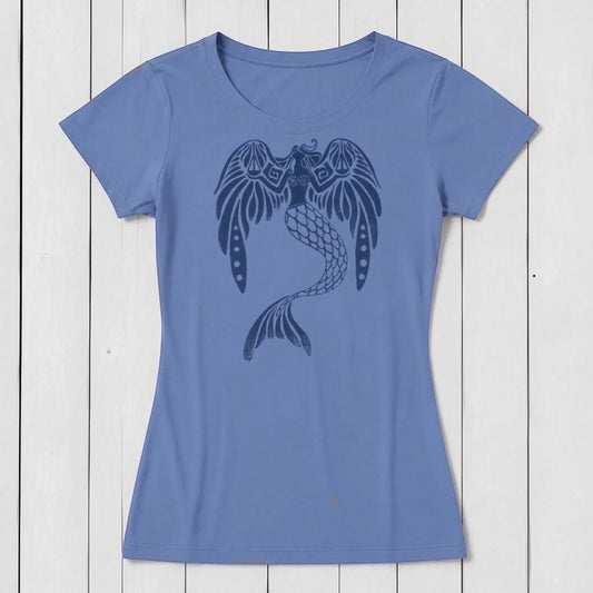 Light blue women's T-shirt with a dark blue graphic of a mythical mermaid with wings and a serpent tail, made from bamboo and organic cotton, displayed against a white wooden background - SKU: WSSXXSOCN