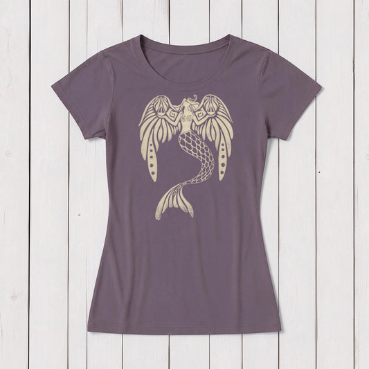 Gray women's T-shirt with a detailed beige mythical sea serpent graphic design, made from soft organic cotton, laid flat on white wooden background