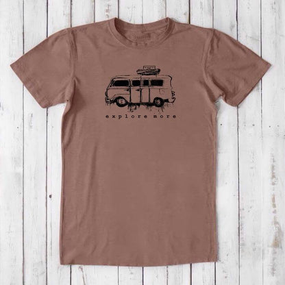 Brown men's bamboo & organic cotton T-shirt with black retro van and 'Explore More' print, a sustainable choice for travel lovers.
