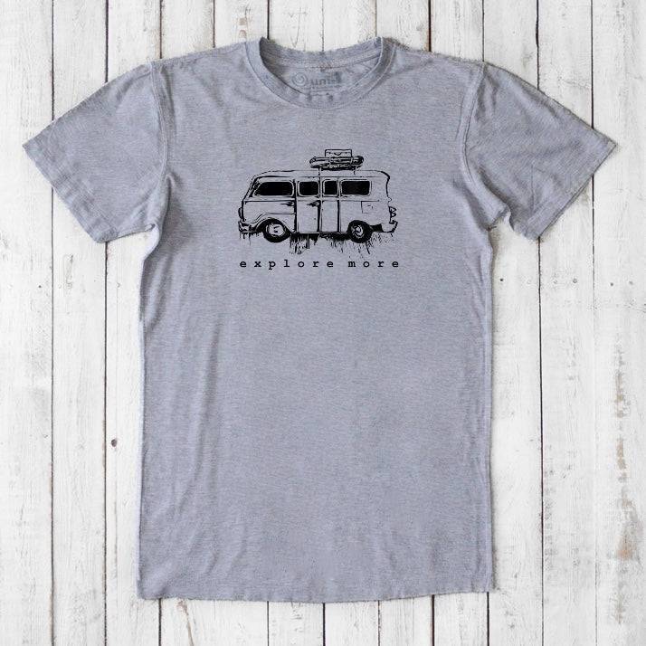 Heather gray men's graphic T-shirt in bamboo & organic cotton with black retro van and 'Explore More' text, perfect for casual adventures.