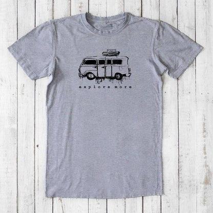 Heather gray men's graphic T-shirt in bamboo & organic cotton with black retro van and 'Explore More' text, perfect for casual adventures.