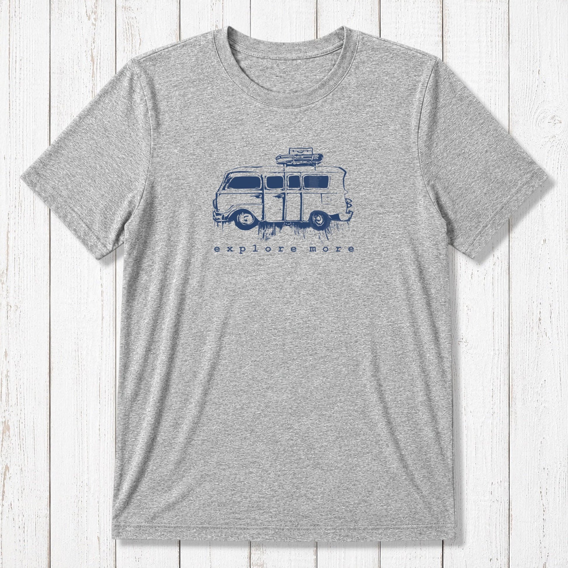 Heather gray men's graphic T-shirt in bamboo & organic cotton with black retro van and 'Explore More' text, perfect for casual adventures.