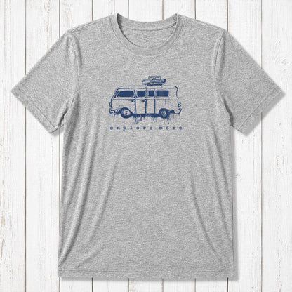 Heather gray men's graphic T-shirt in bamboo & organic cotton with black retro van and 'Explore More' text, perfect for casual adventures.