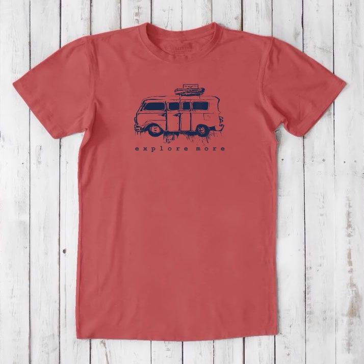 Rust red men's T-shirt with navy blue retro van and 'Explore More' design, crafted from soft bamboo & organic cotton for everyday wear.