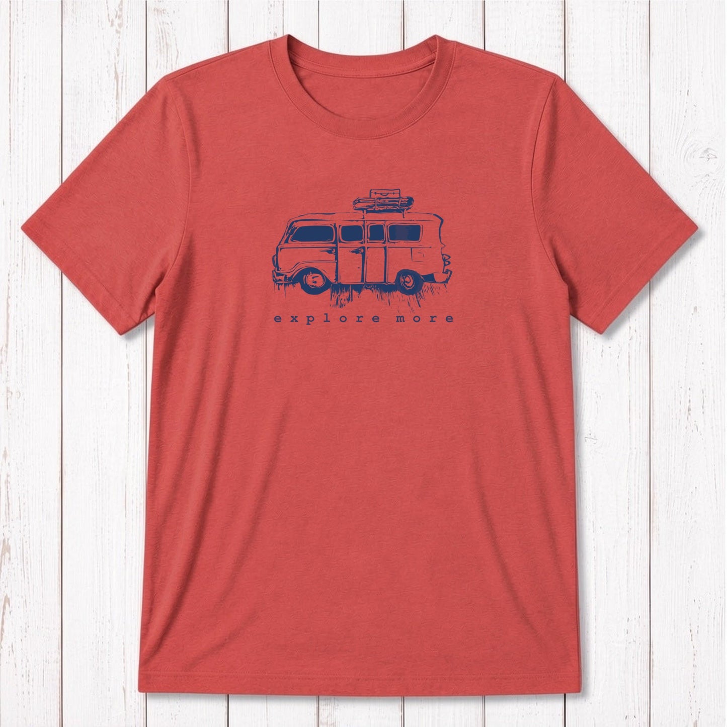 Rust red men's T-shirt with navy blue retro van and 'Explore More' design, crafted from soft bamboo & organic cotton for everyday wear.