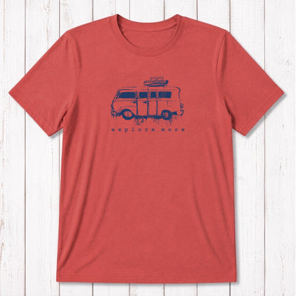 Rust red men's T-shirt with navy blue retro van and 'Explore More' design, crafted from soft bamboo & organic cotton for everyday wear.