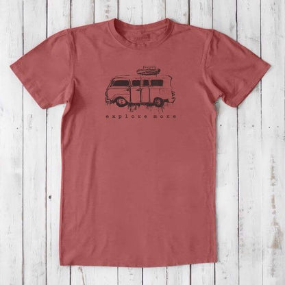 Classic fit men's red bamboo & organic cotton T-shirt with black retro van print and 'Explore More' slogan, great for outdoor enthusiasts.