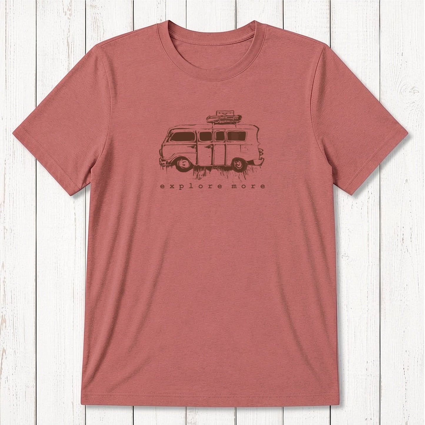 Classic fit men's red bamboo & organic cotton T-shirt with black retro van print and 'Explore More' slogan, great for outdoor enthusiasts.