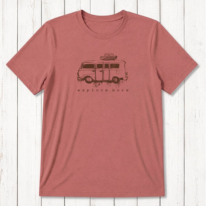 Classic fit men's red bamboo & organic cotton T-shirt with black retro van print and 'Explore More' slogan, great for outdoor enthusiasts.