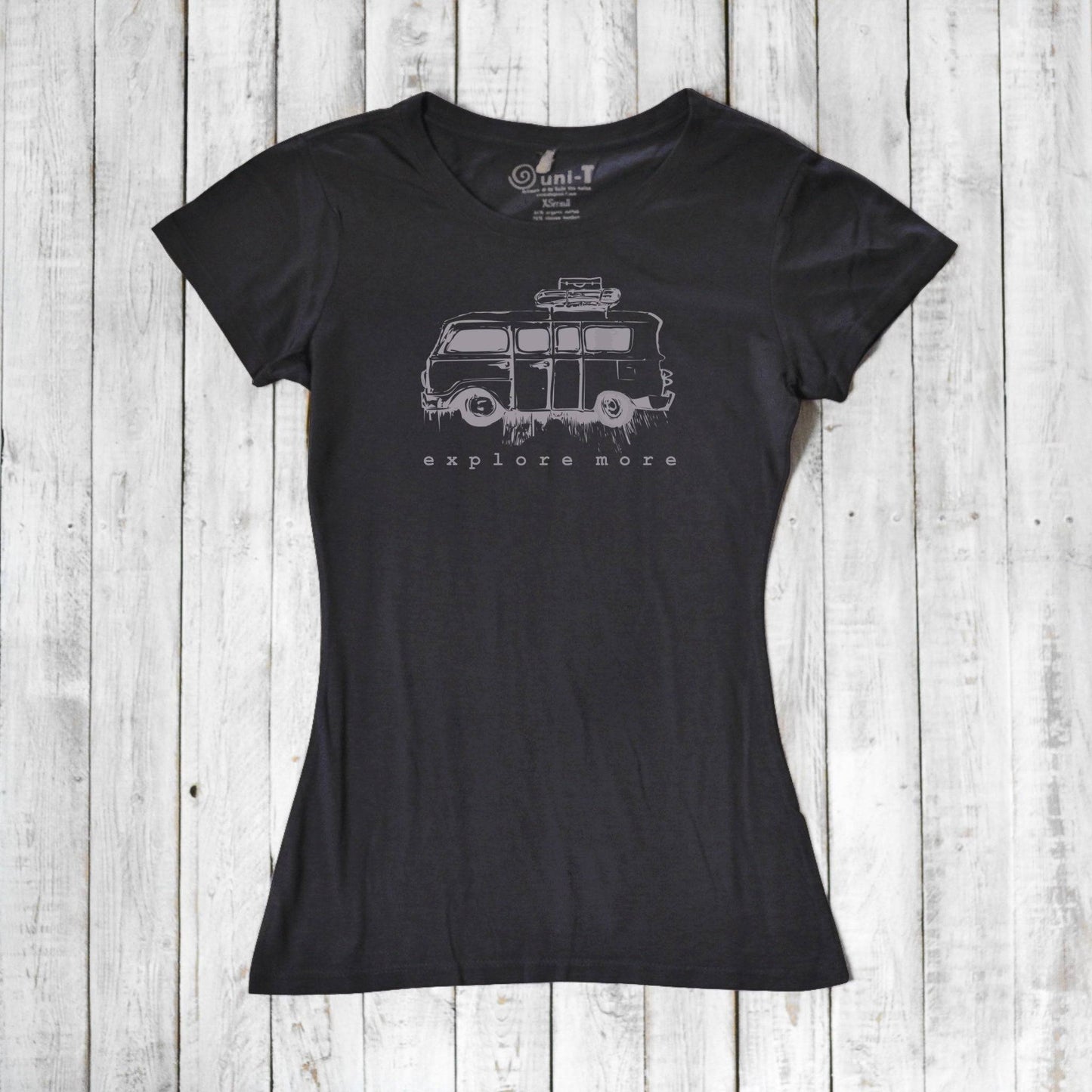 Charcoal black Retro Van T-Shirt for Women with light grey 'Explore More' van design, made from bamboo and organic cotton.