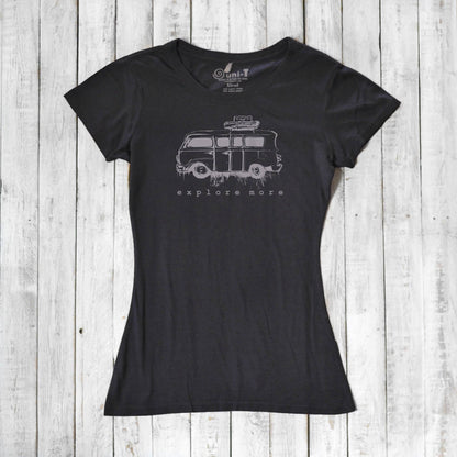 Charcoal black Retro Van T-Shirt for Women with light grey 'Explore More' van design, made from bamboo and organic cotton.
