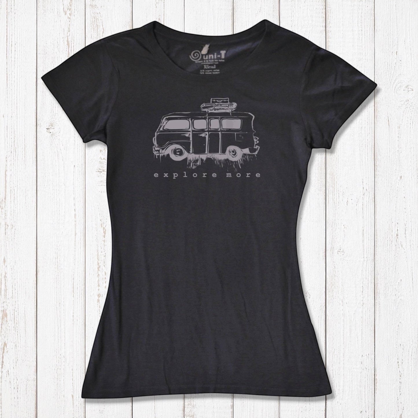 Charcoal black Retro Van T-Shirt for Women with light grey 'Explore More' van design, made from bamboo and organic cotton.