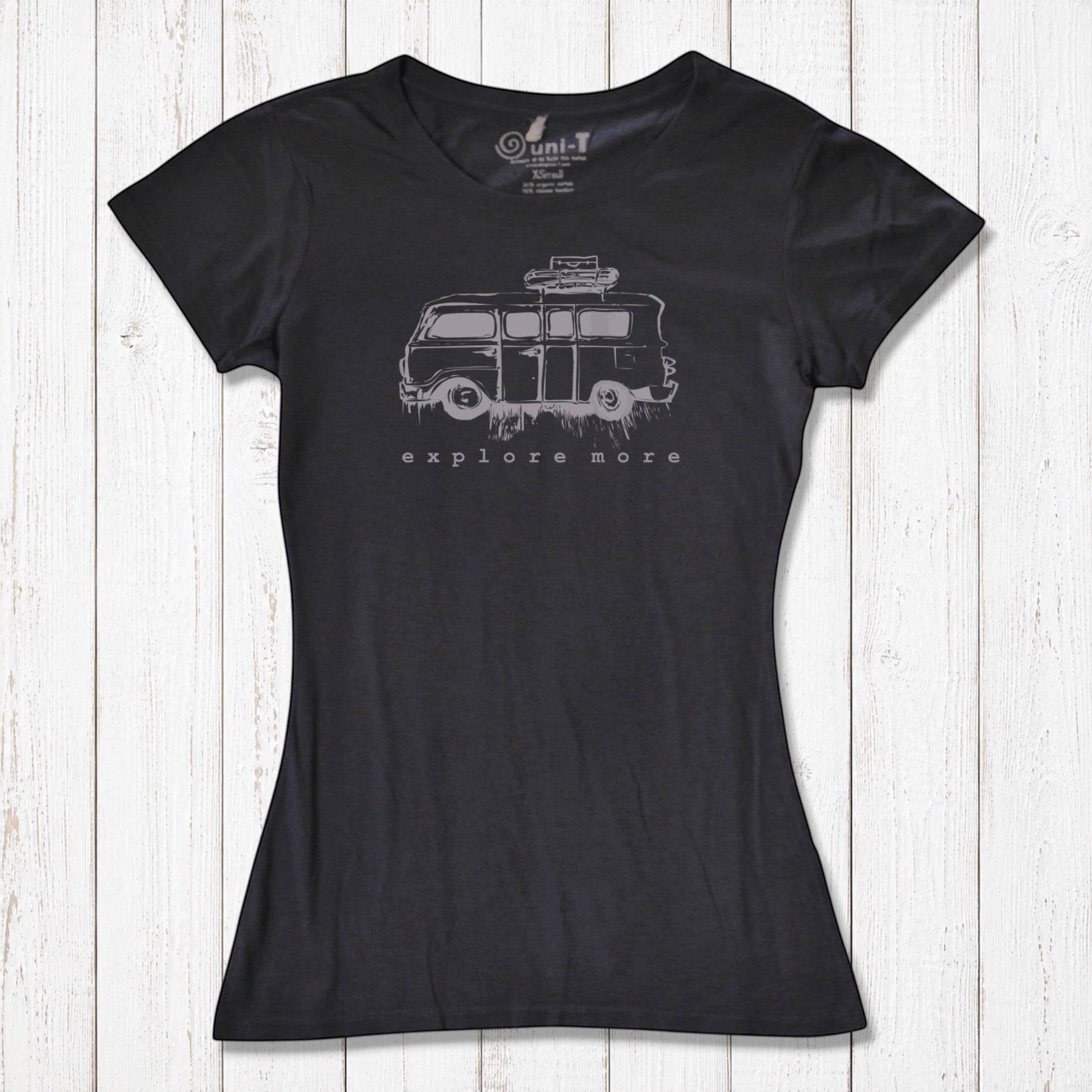 Charcoal black Retro Van T-Shirt for Women with light grey 'Explore More' van design, made from bamboo and organic cotton.