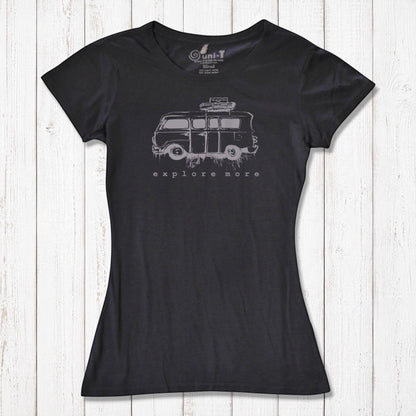 Charcoal black Retro Van T-Shirt for Women with light grey 'Explore More' van design, made from bamboo and organic cotton.