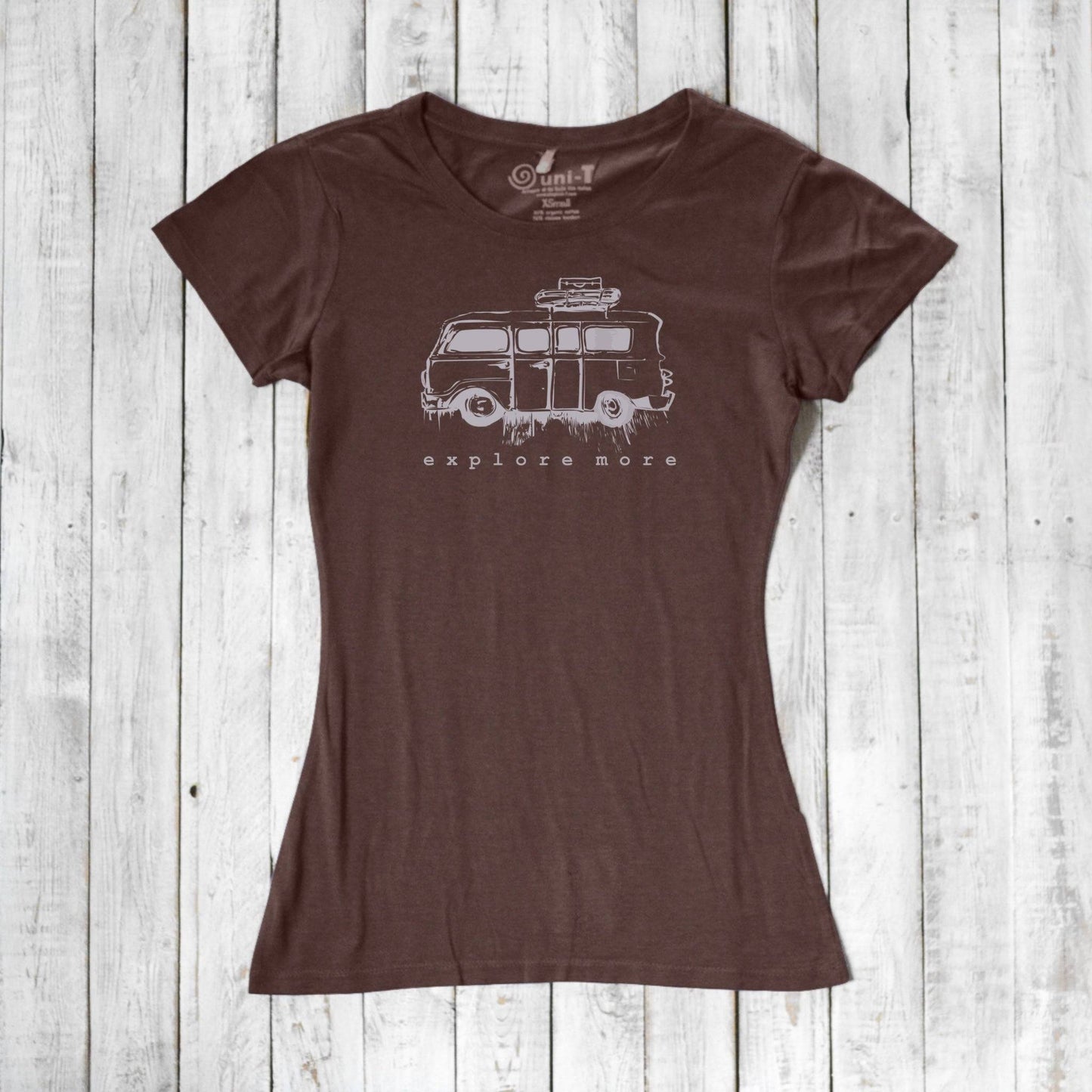 Brown Retro Van T-Shirt for Women in sustainable bamboo and cotton blend, featuring white 'Explore More' graphic print.