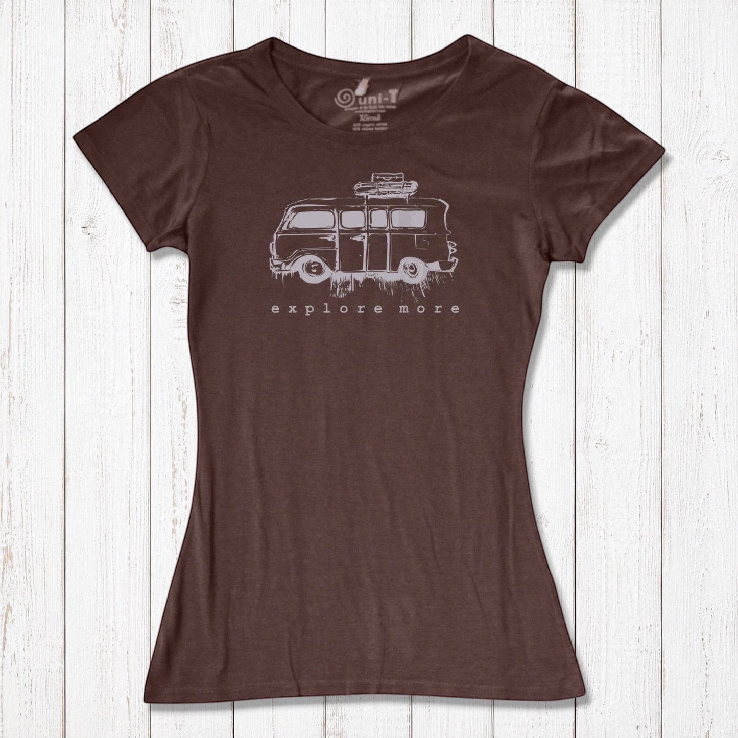 Brown Retro Van T-Shirt for Women in sustainable bamboo and cotton blend, featuring white 'Explore More' graphic print.