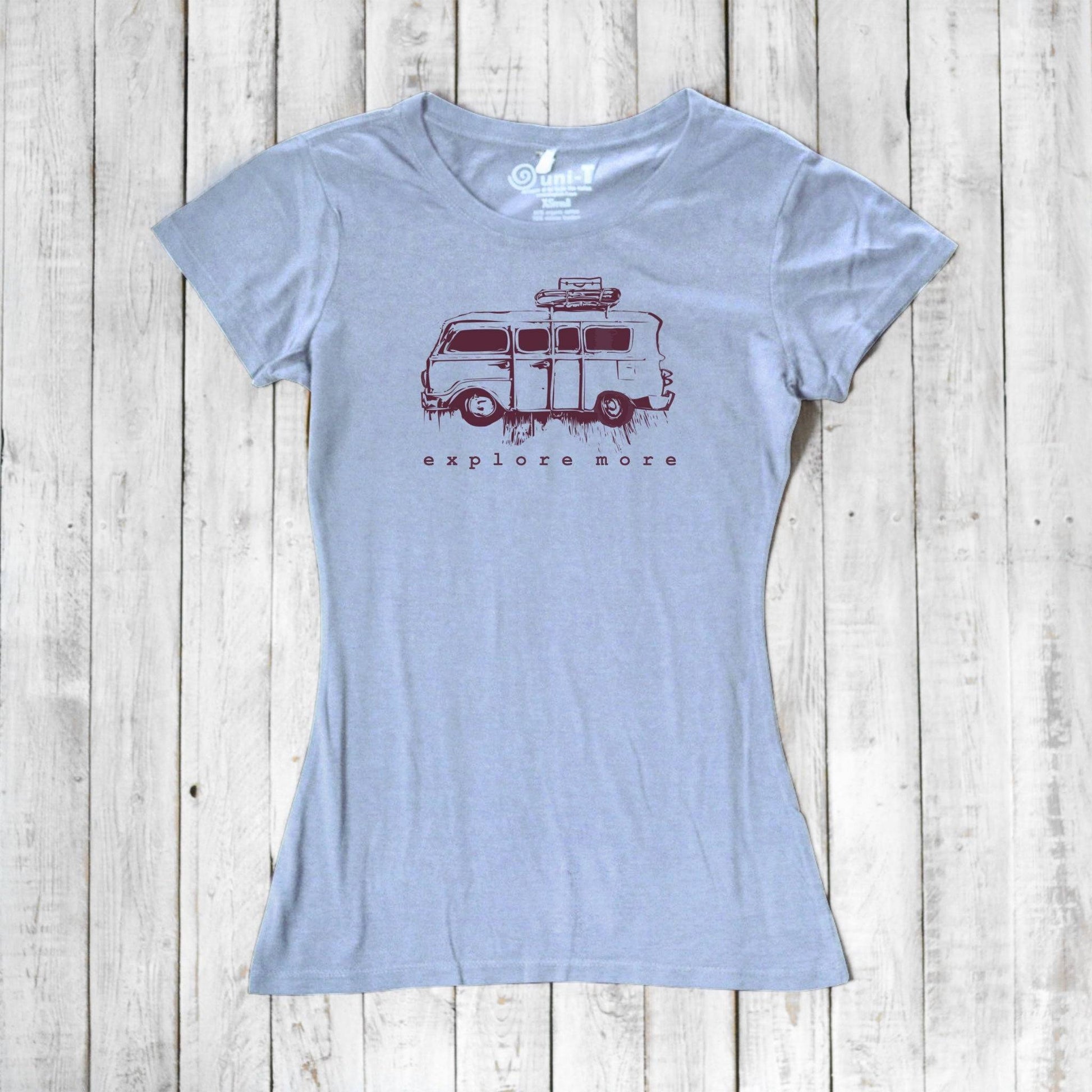 Light blue Retro Van T-Shirt for Women with eco-conscious bamboo and cotton blend, printed with 'Explore More' van design.