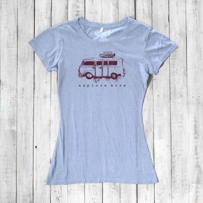 Light blue Retro Van T-Shirt for Women with eco-conscious bamboo and cotton blend, printed with 'Explore More' van design.
