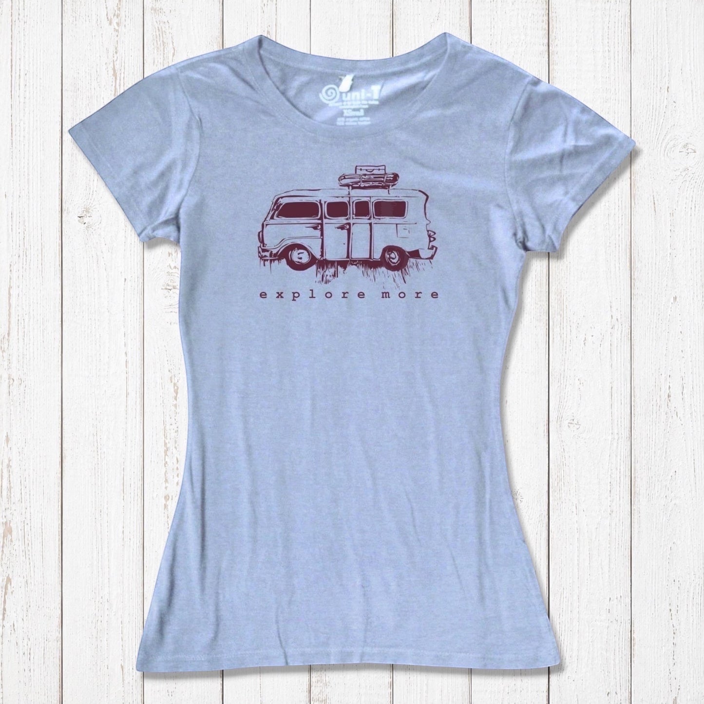 Light blue Retro Van T-Shirt for Women with eco-conscious bamboo and cotton blend, printed with 'Explore More' van design.
