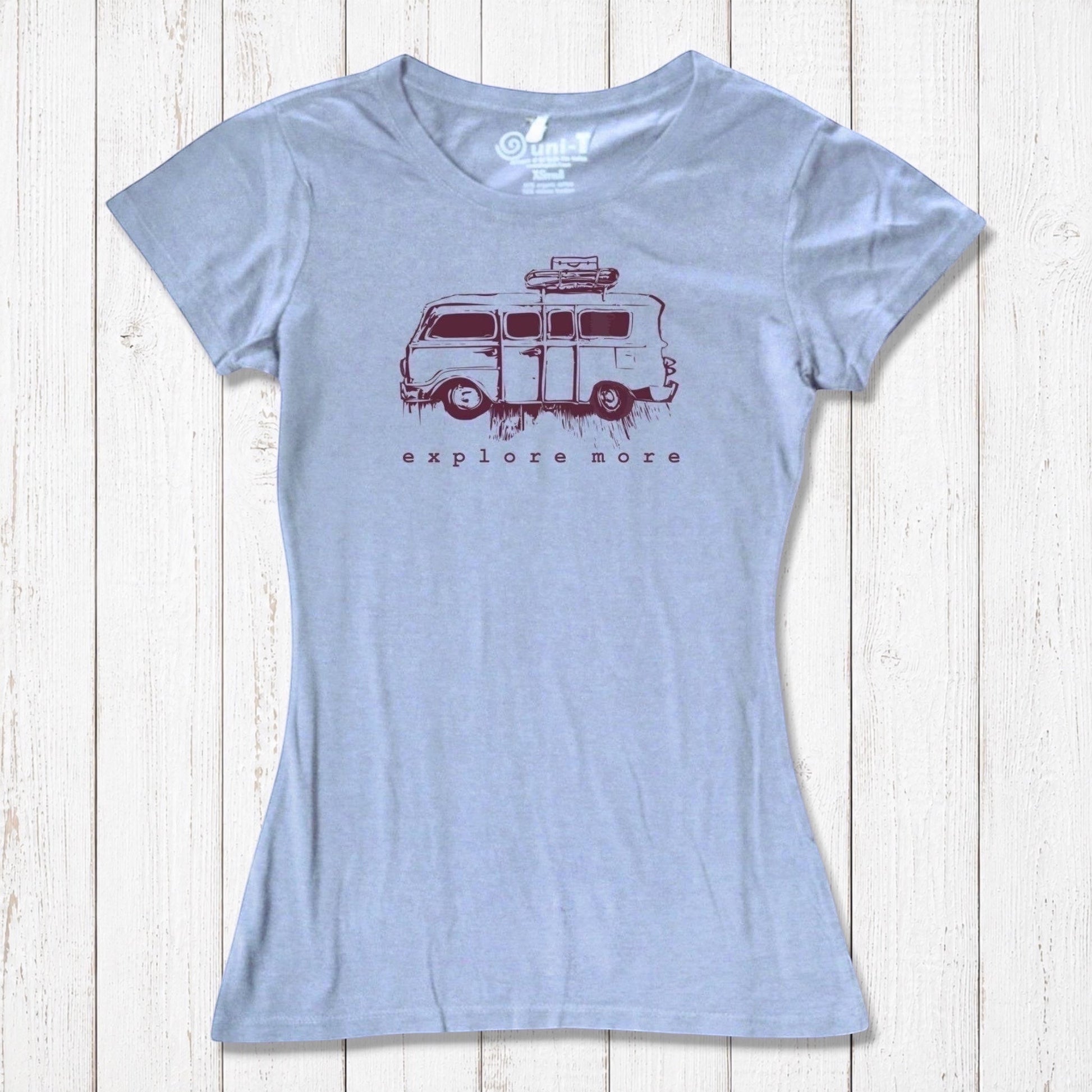 Light blue Retro Van T-Shirt for Women with eco-conscious bamboo and cotton blend, printed with 'Explore More' van design.