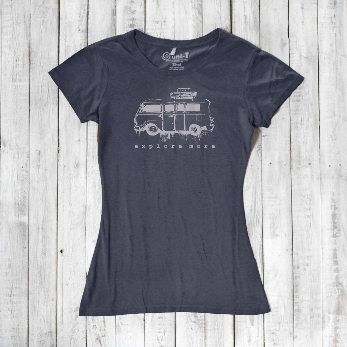 Navy blue Retro Van T-Shirt for Women made from eco-friendly bamboo and organic cotton, with 'Explore More' adventure print.