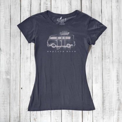 Navy blue Retro Van T-Shirt for Women made from eco-friendly bamboo and organic cotton, with 'Explore More' adventure print.