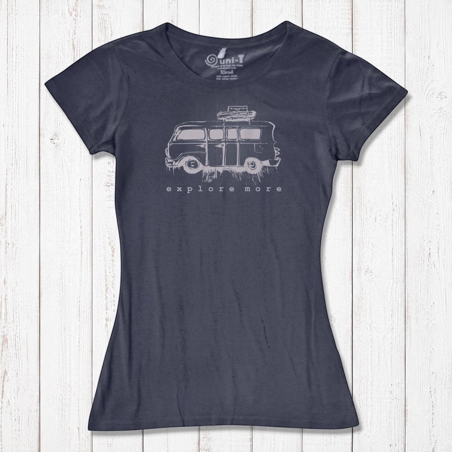 Navy blue Retro Van T-Shirt for Women made from eco-friendly bamboo and organic cotton, with 'Explore More' adventure print.