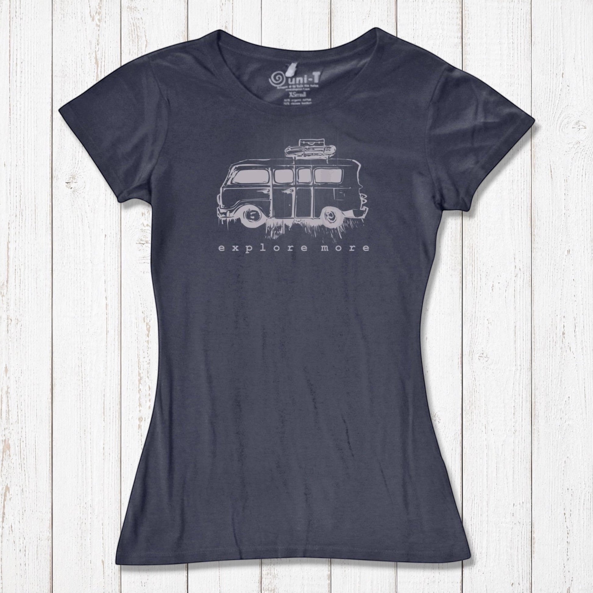 Navy blue Retro Van T-Shirt for Women made from eco-friendly bamboo and organic cotton, with 'Explore More' adventure print.