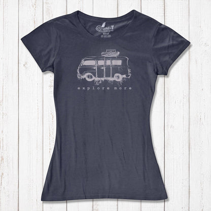 Navy blue Retro Van T-Shirt for Women made from eco-friendly bamboo and organic cotton, with 'Explore More' adventure print.