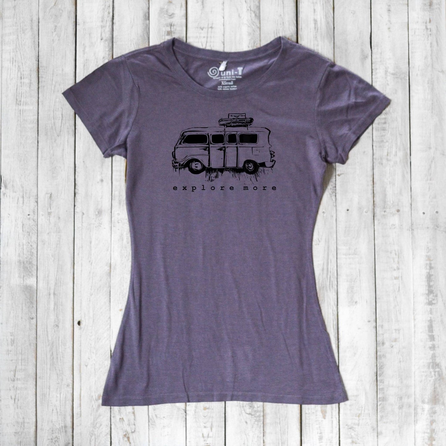 Purple Retro Van T-Shirt for Women made of bamboo and organic cotton, showcasing a vintage van and 'Explore More' slogan.