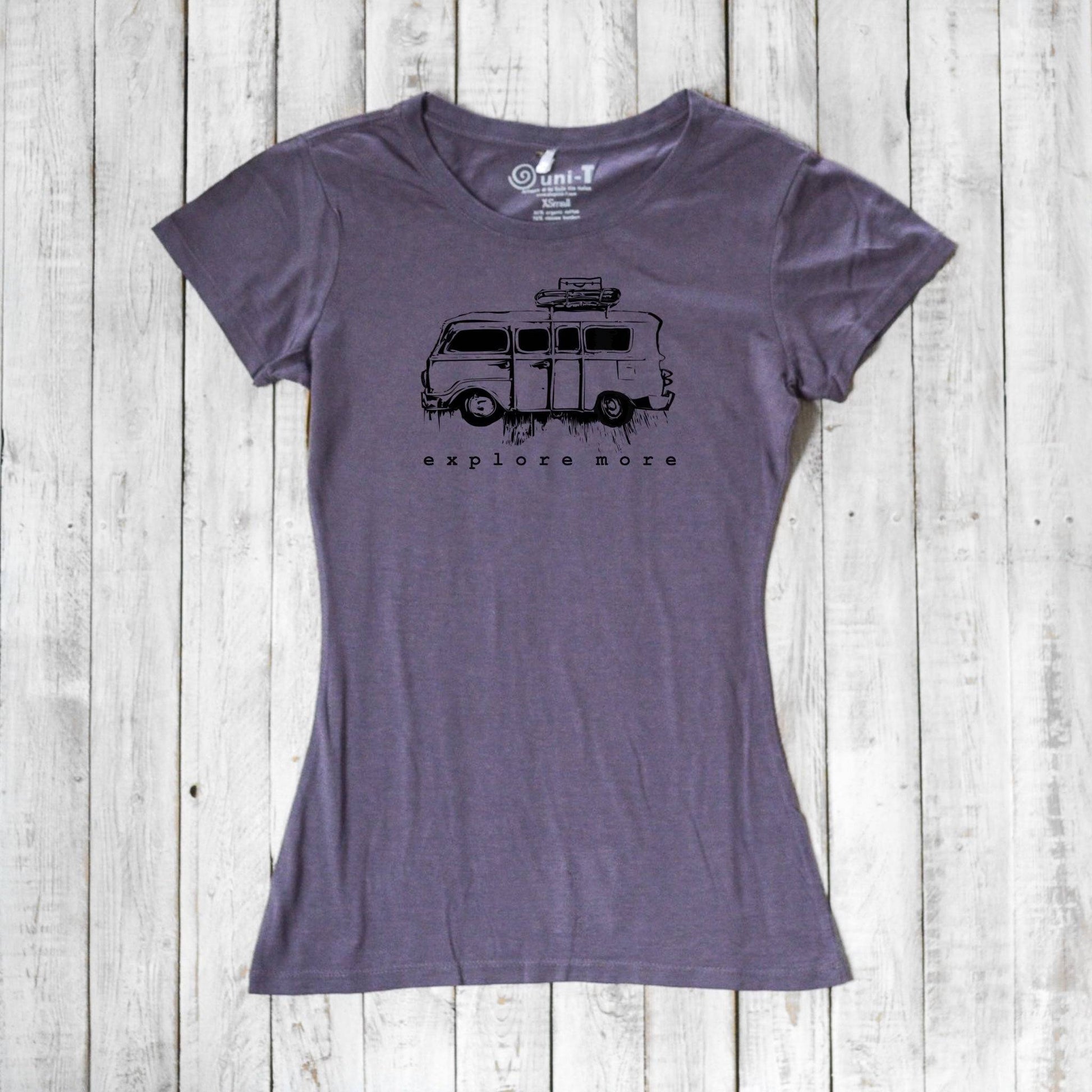 Purple Retro Van T-Shirt for Women made of bamboo and organic cotton, showcasing a vintage van and 'Explore More' slogan.