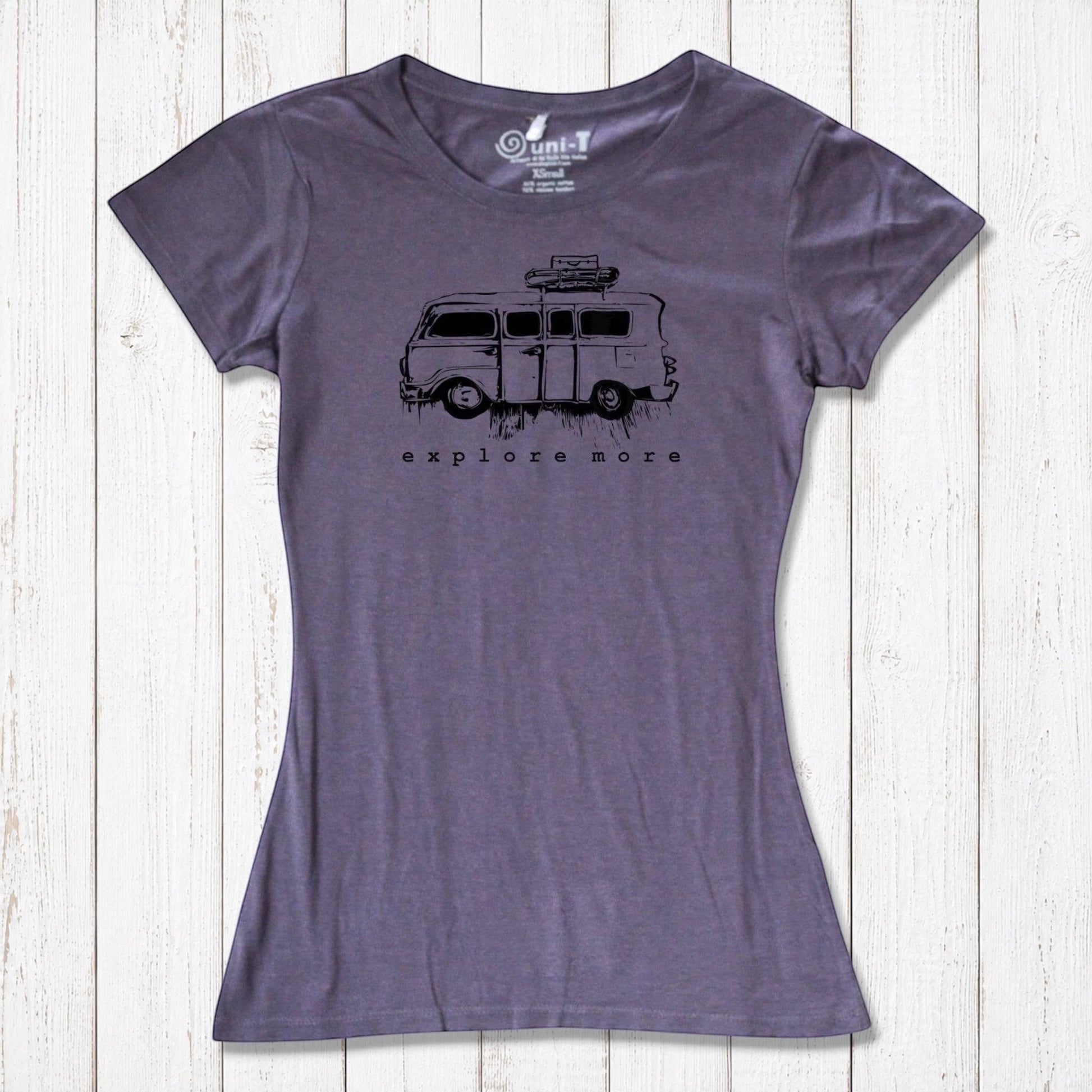 Purple Retro Van T-Shirt for Women made of bamboo and organic cotton, showcasing a vintage van and 'Explore More' slogan.